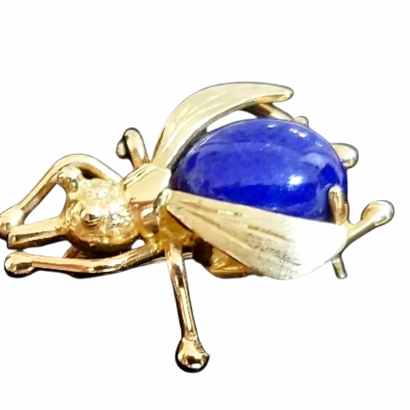 18K Gold Lapis Lazuli BEE pin new vintage artisan RARE deco animal bumblebee - Picture 3 of 9